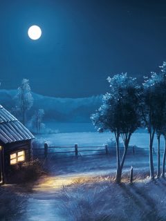 art-moon-blue-night-trees-house-4k-wallpaper-240x320